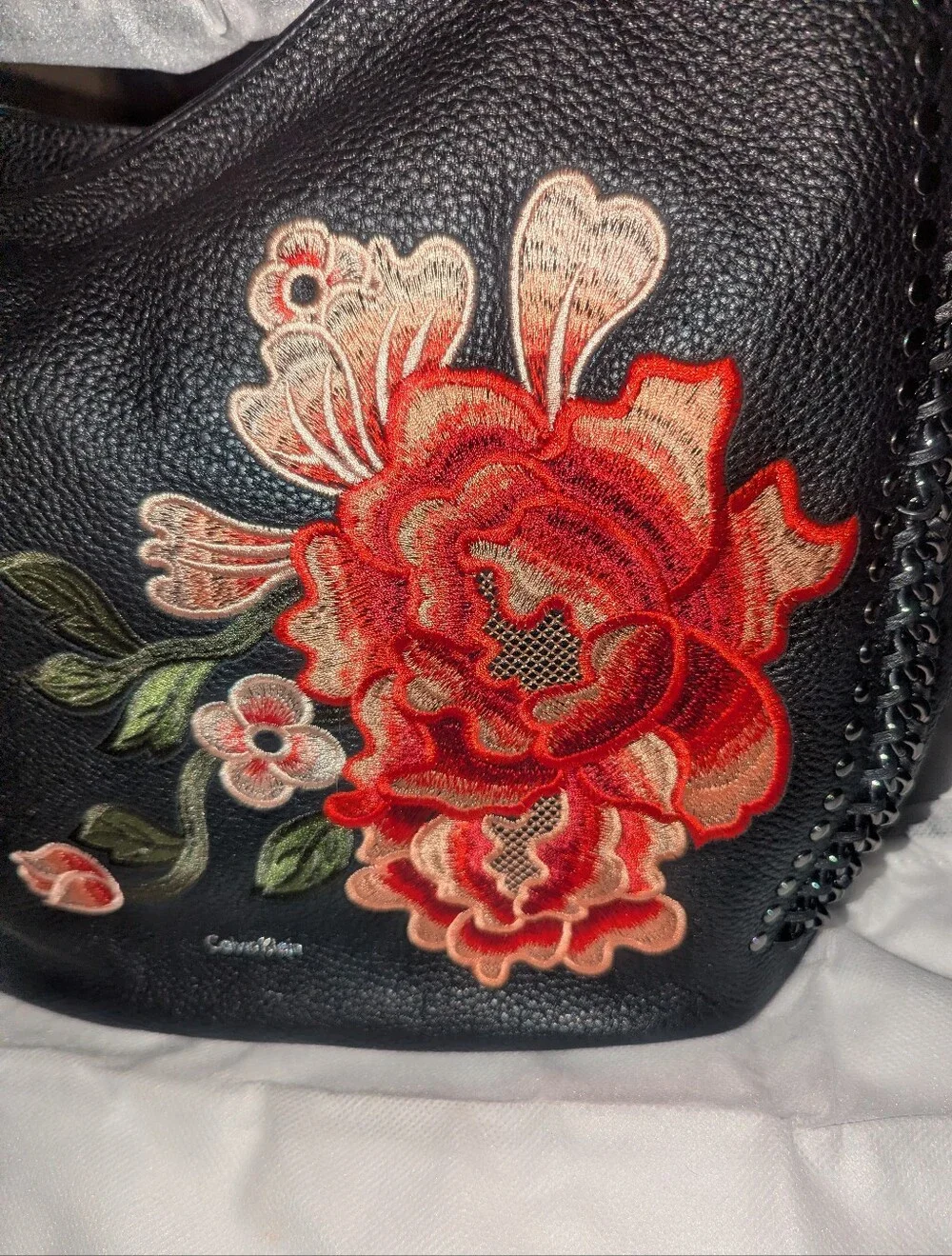 Calvin Klein Samira Black Leather Hobo Bag with Red Floral Embroidery NWT